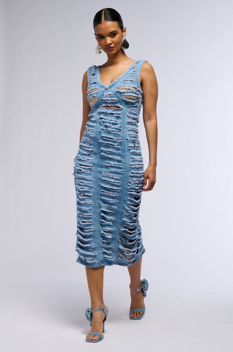 SHE'S GOT IT SHREDDED DENIM MIDI DRESS
