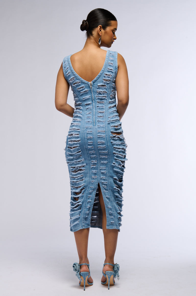 SHE'S GOT IT SHREDDED DENIM MIDI DRESS