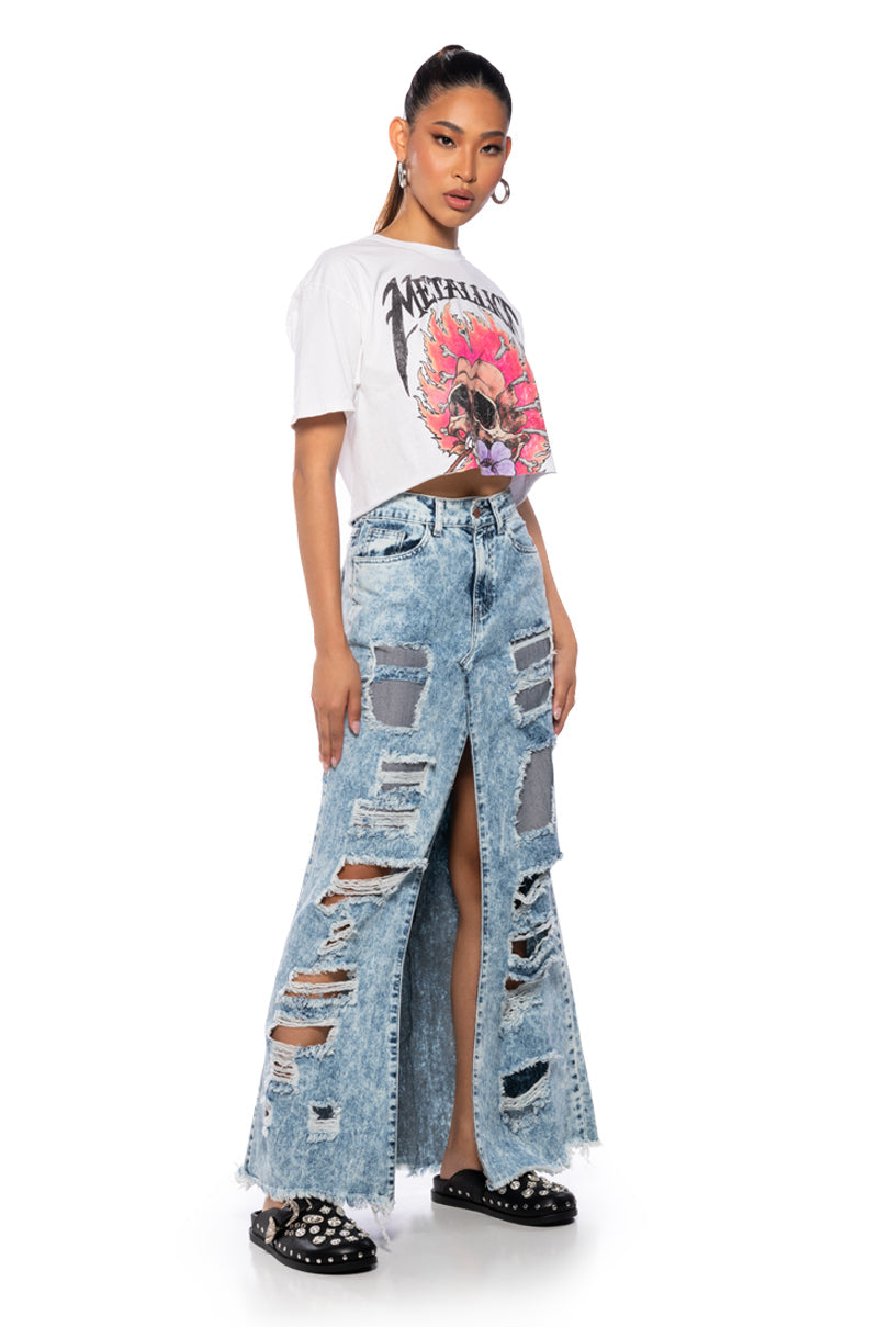 YOUR NEW FAVORITE DISTRESSED FLARED JEAN MIDI SKIRT