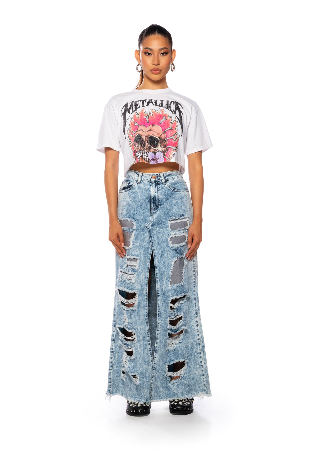 YOUR NEW FAVORITE DISTRESSED FLARED JEAN MIDI SKIRT