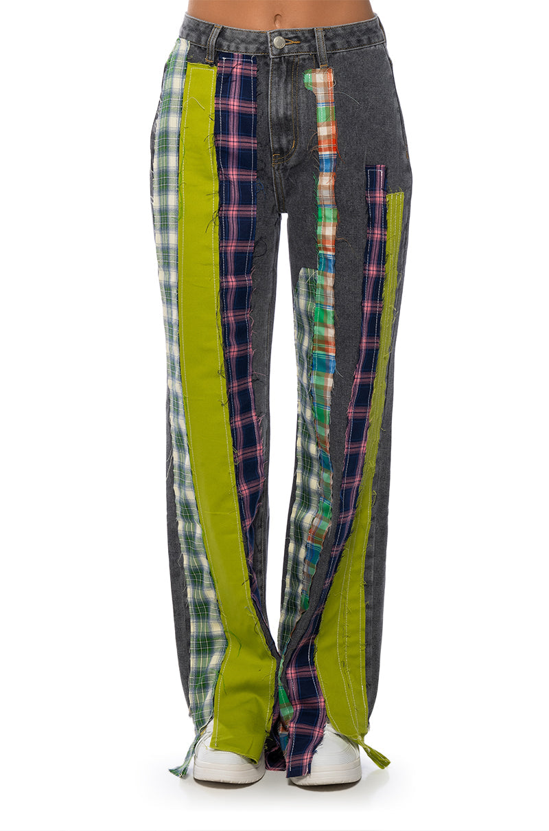 SOMETHIN NEW PLAID DETAIL WIDE LEG JEAN