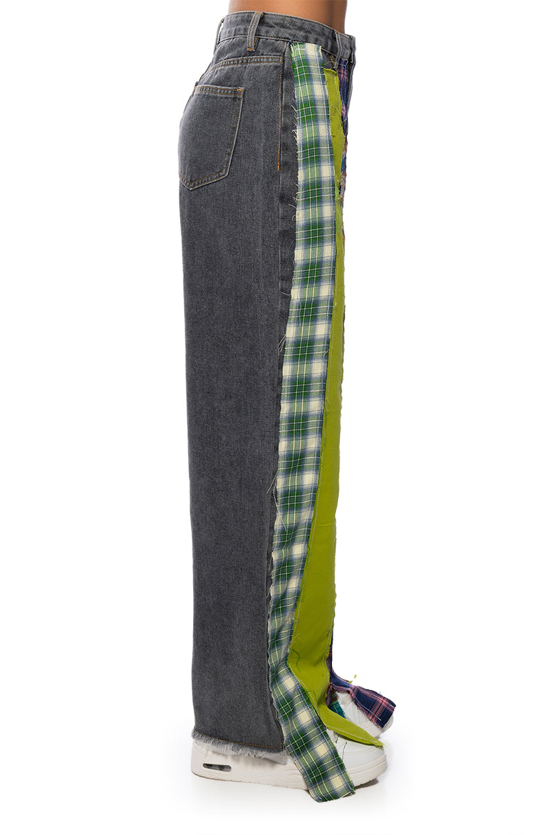 SOMETHIN NEW PLAID DETAIL WIDE LEG JEAN