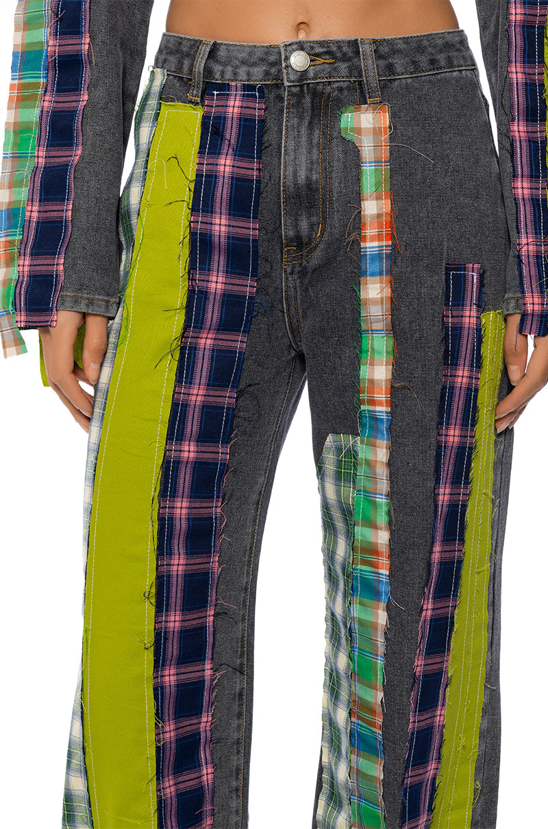 SOMETHIN NEW PLAID DETAIL WIDE LEG JEAN