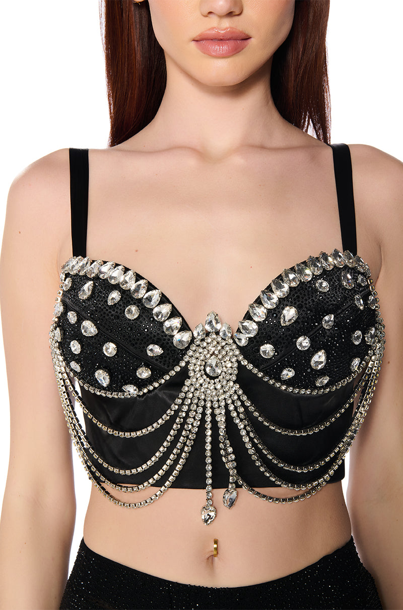 SPEAK MY TRUTH RHINESTONE BRALETTE TOP IN BLACK