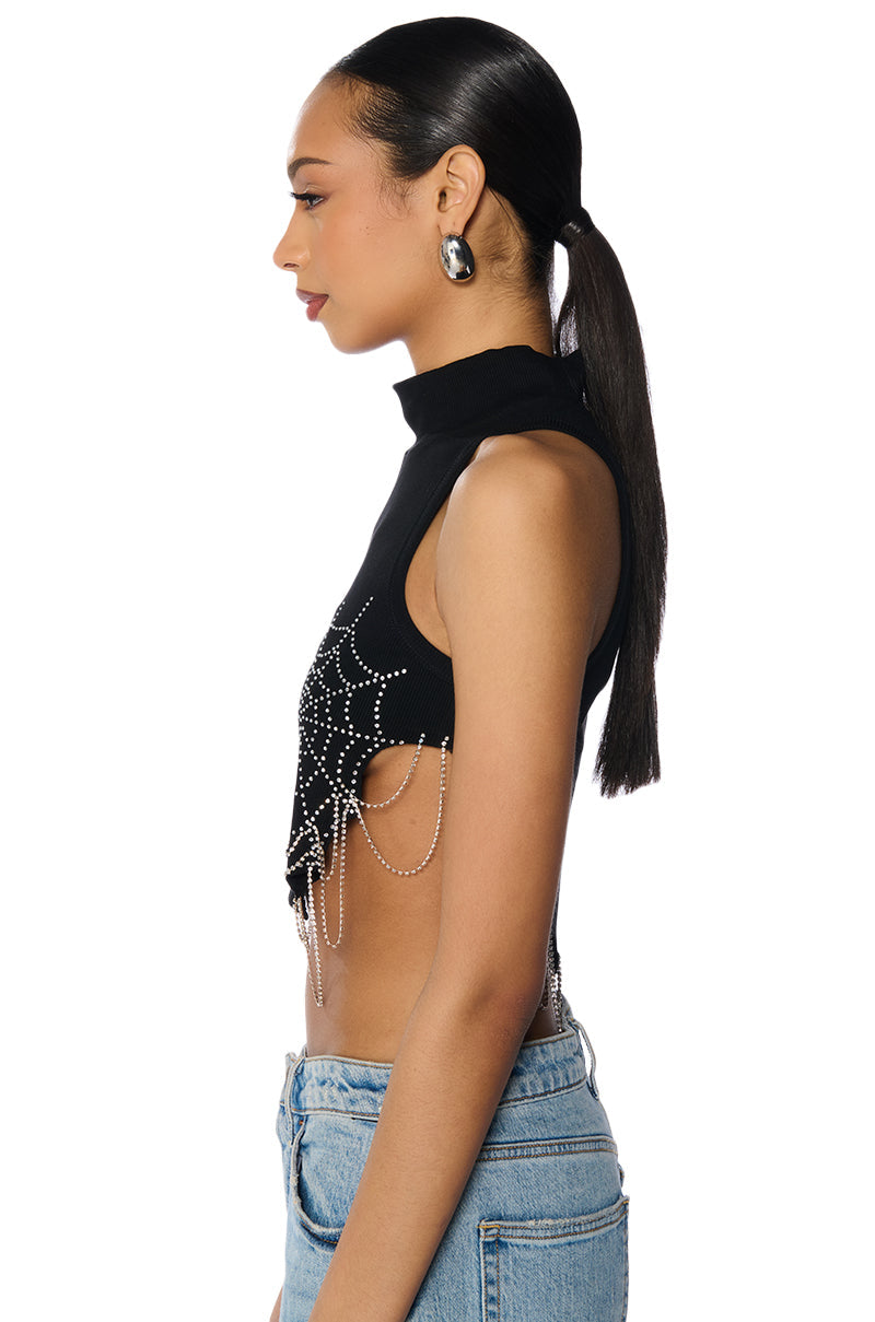SPIDER WEBS MOCK NECK EMBELLISHED CROPPED TANK