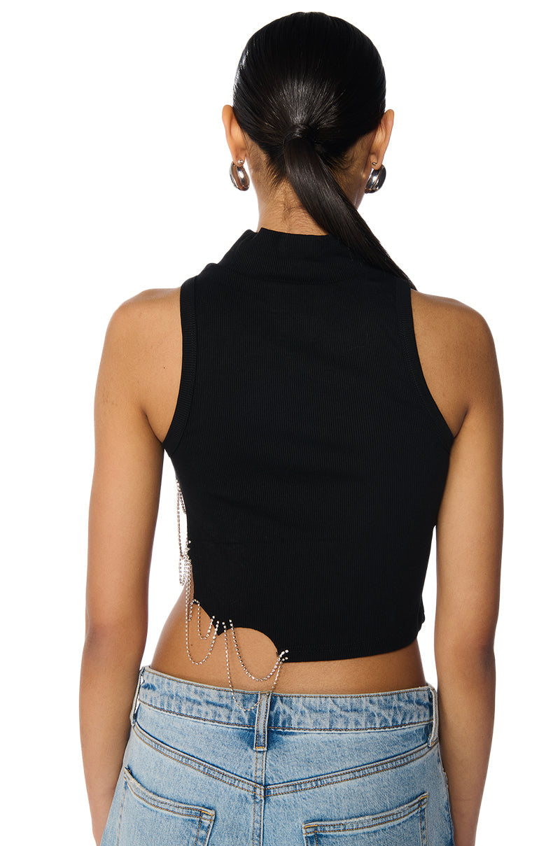 SPIDER WEBS MOCK NECK EMBELLISHED CROPPED TANK