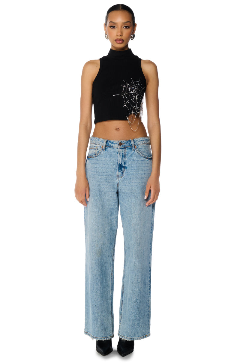SPIDER WEBS MOCK NECK EMBELLISHED CROPPED TANK