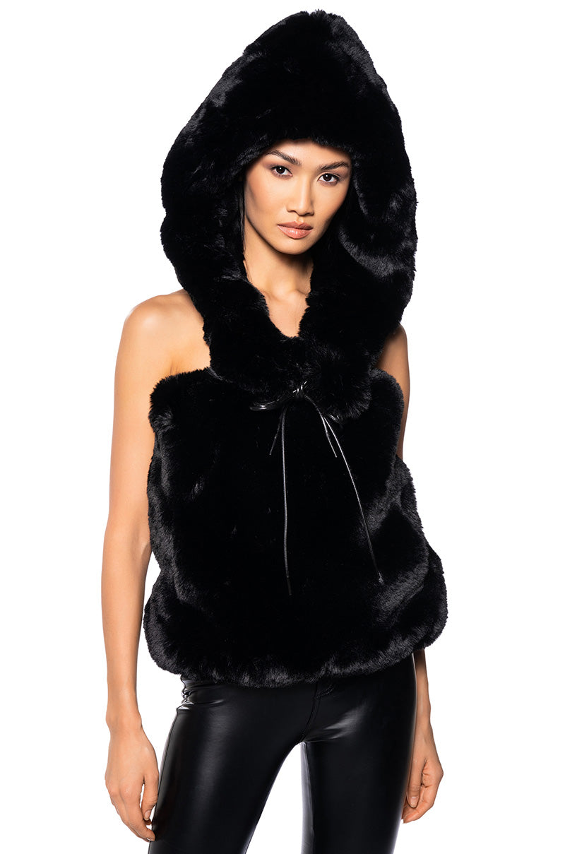 STARSTRUCK TIE FRONT FUR TOP IN BLACK