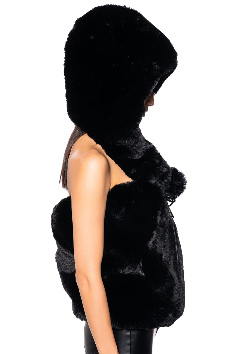 STARSTRUCK TIE FRONT FUR TOP IN BLACK