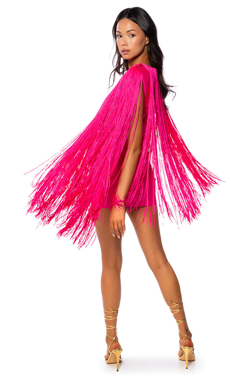 STEVIE DEEP V BANDAGE WITH FRINGE MINI DRESS