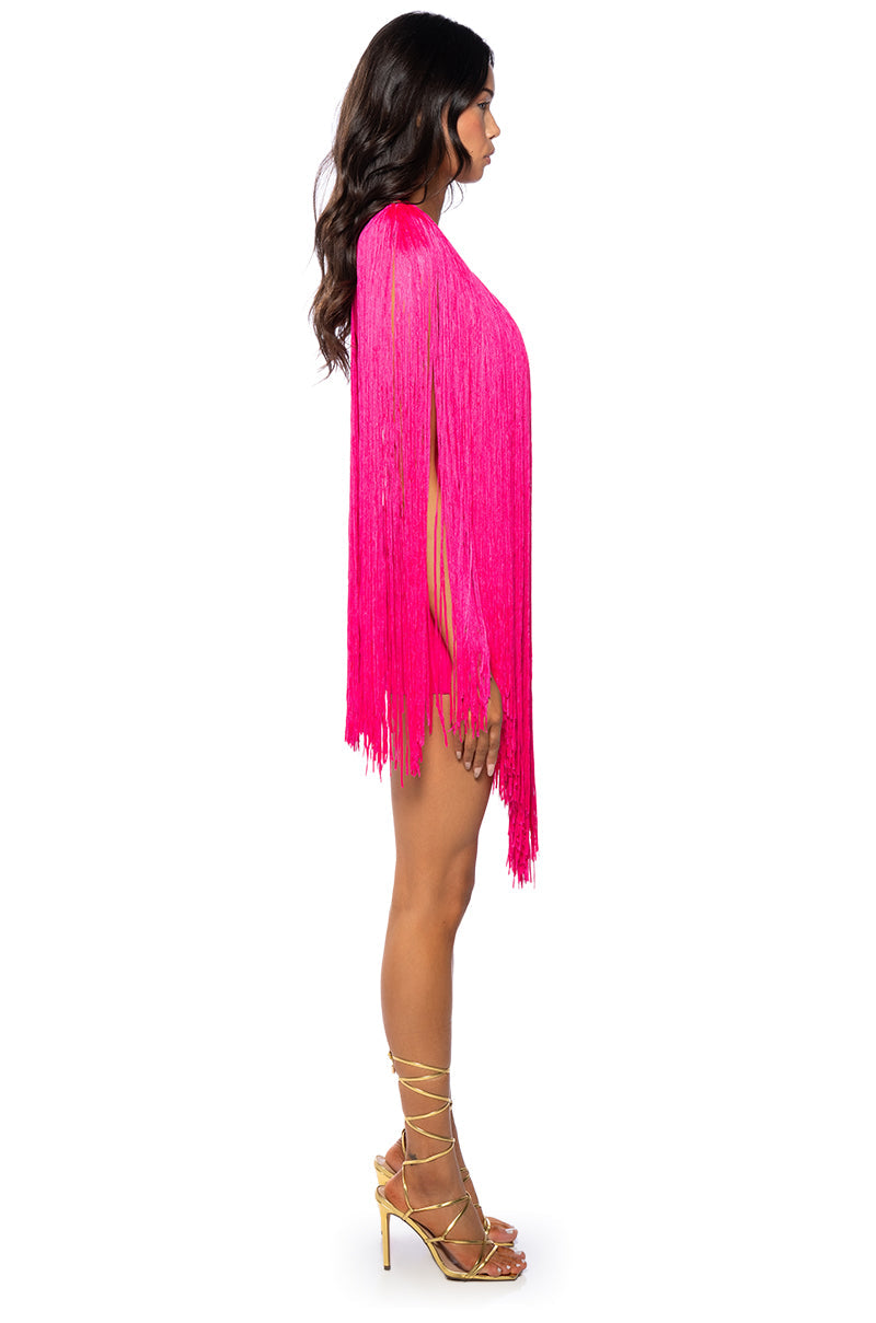 STEVIE DEEP V BANDAGE WITH FRINGE MINI DRESS