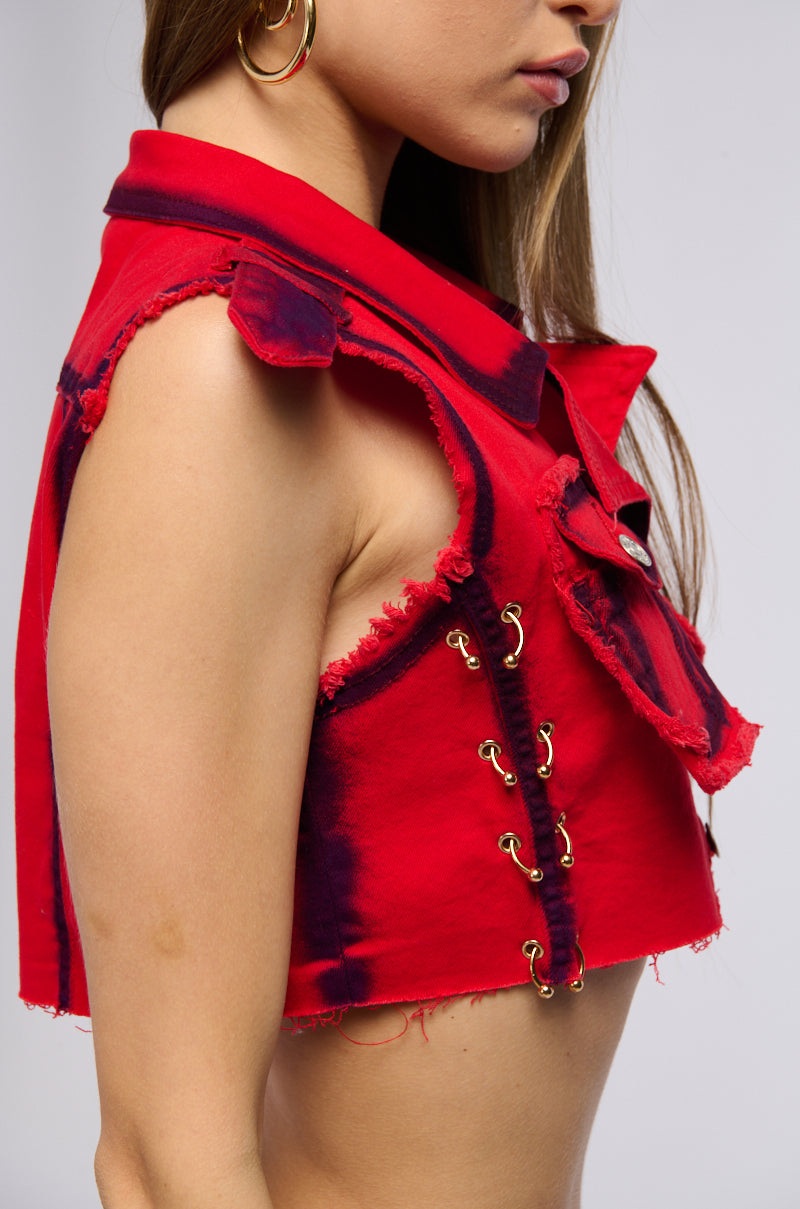 STOP TRYING CROP DENIM TOP