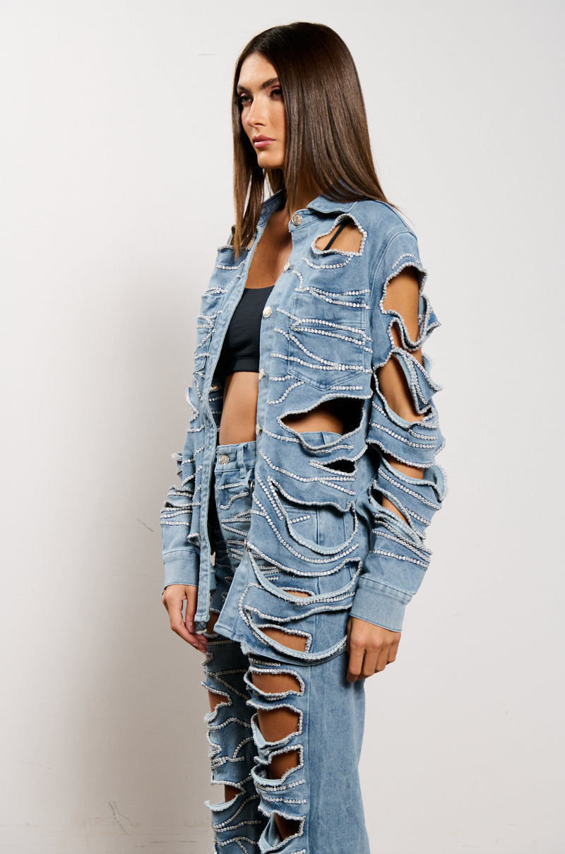 STRIPPED DOWN BUTTON DOWN DENIM SHIRT