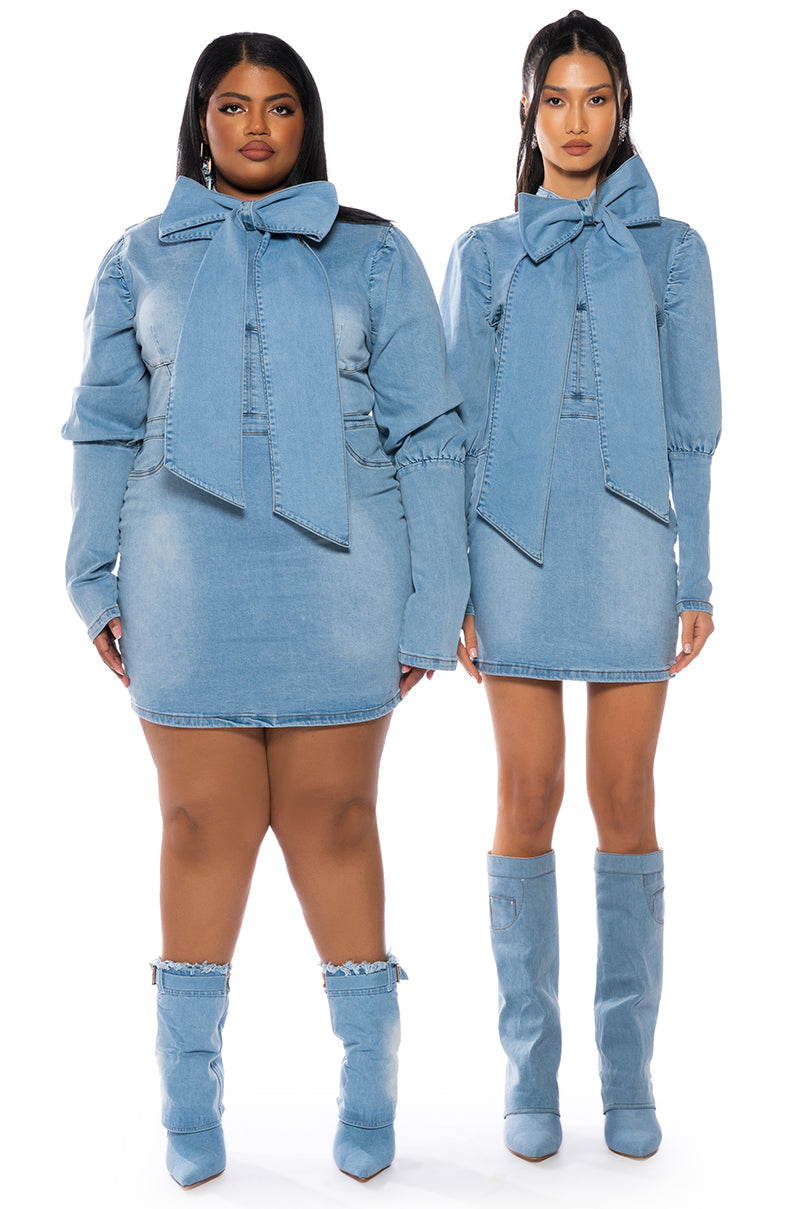 TAKE A BOW DENIM LONGSLEEVE MINIDRESS