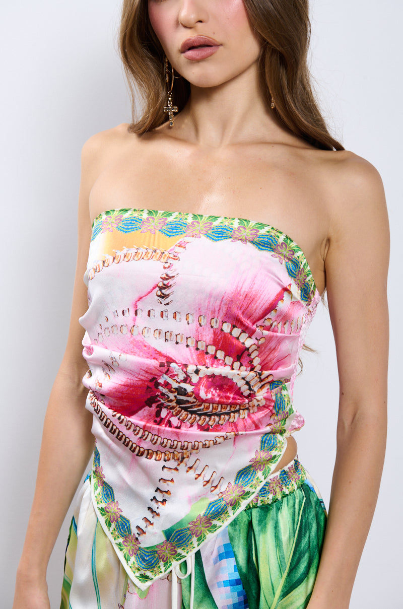 TAKE ME TO THE COAST SATIN STRAPLESS TOP