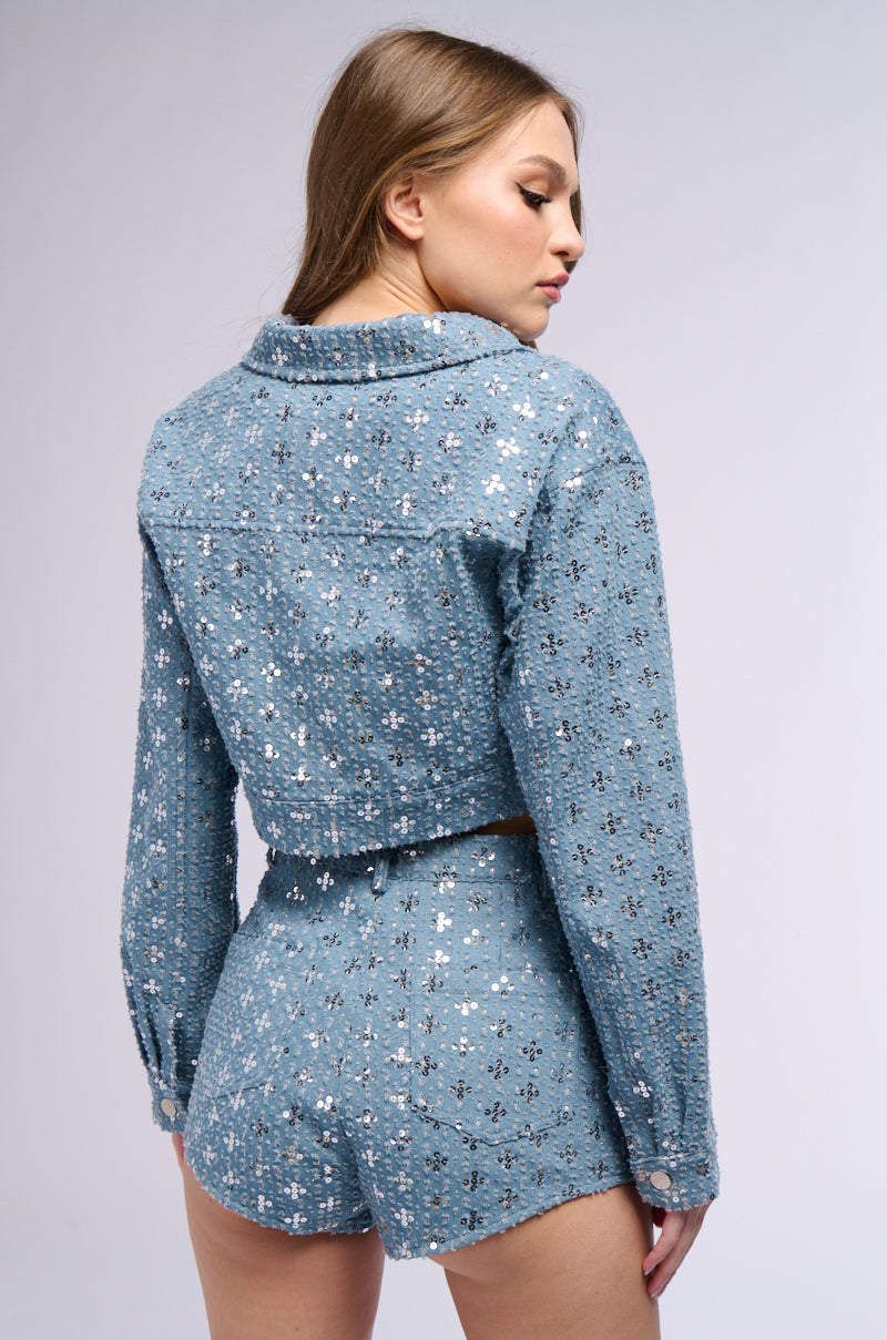 TEXTURED SEQUIN DENIM CROP JACKET