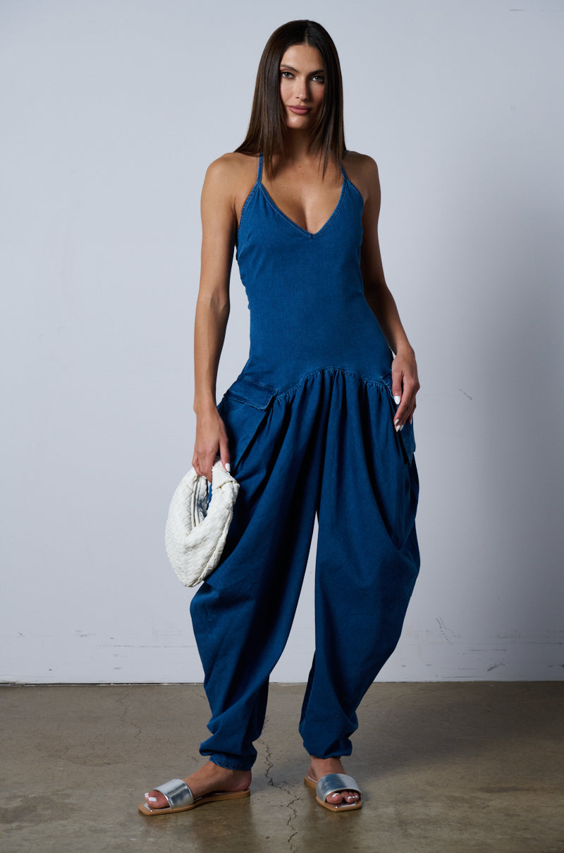 THALIA RELAXED FIT HALTER NECK JUMPSUIT