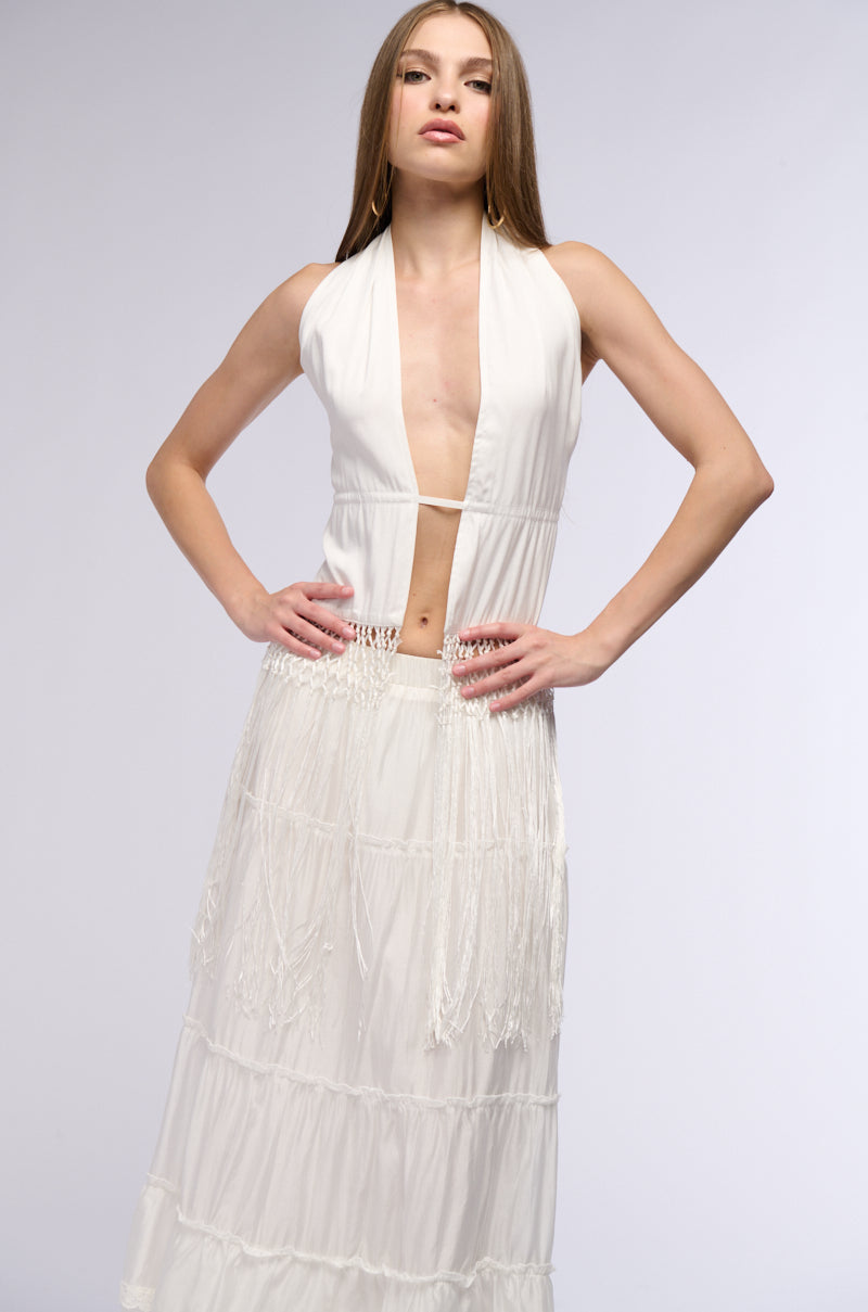 THE BEST PART HALTER TOP WITH FRINGE DETAILS