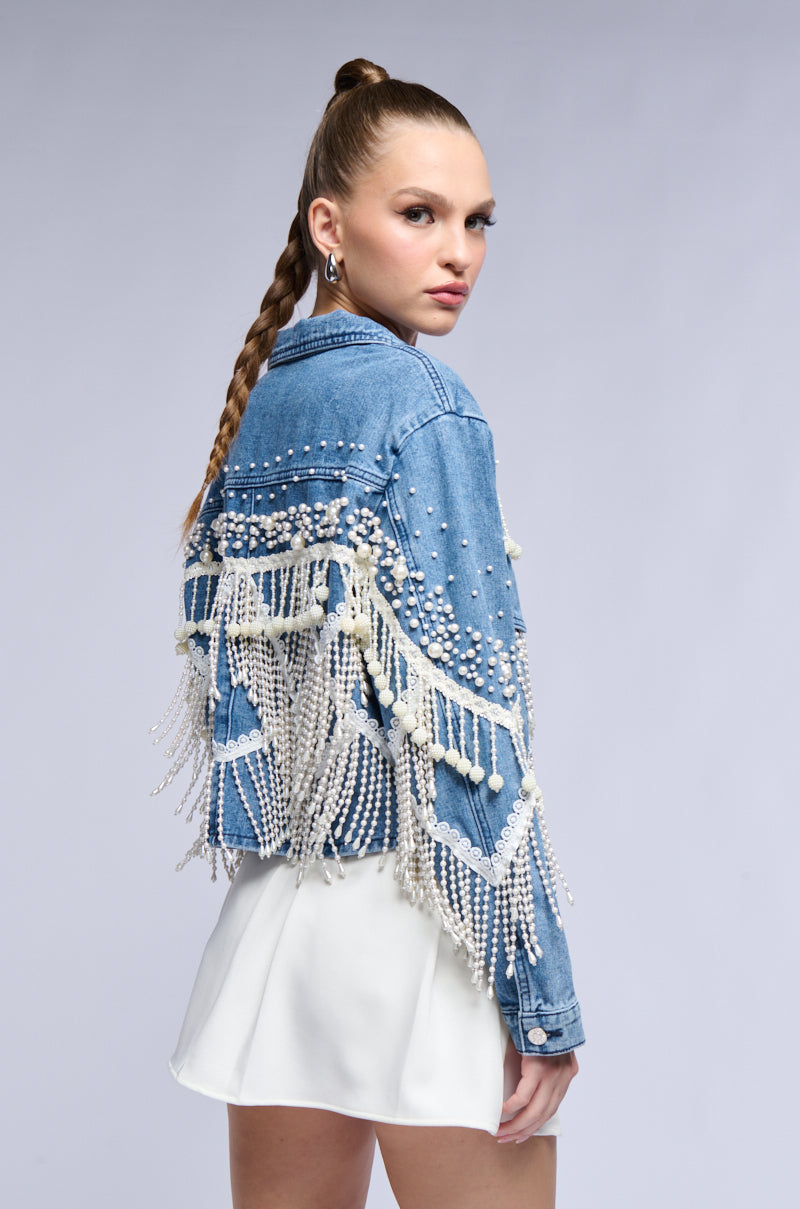 THE WORLD IS YOUR OYSTER PEARL TRIM DENIM JACKET