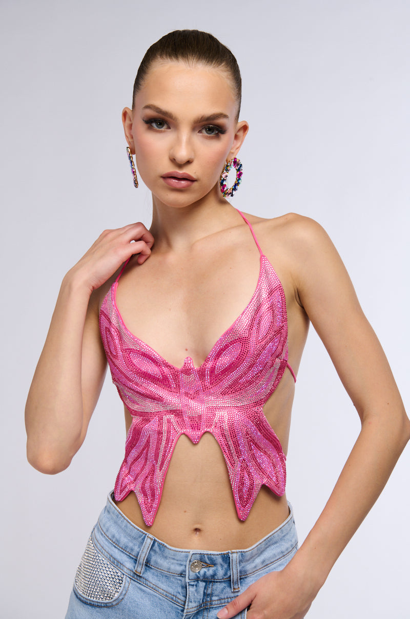 TIME TO FLY BUTTERFLY RHINESTONE TOP IN PINK MULTI