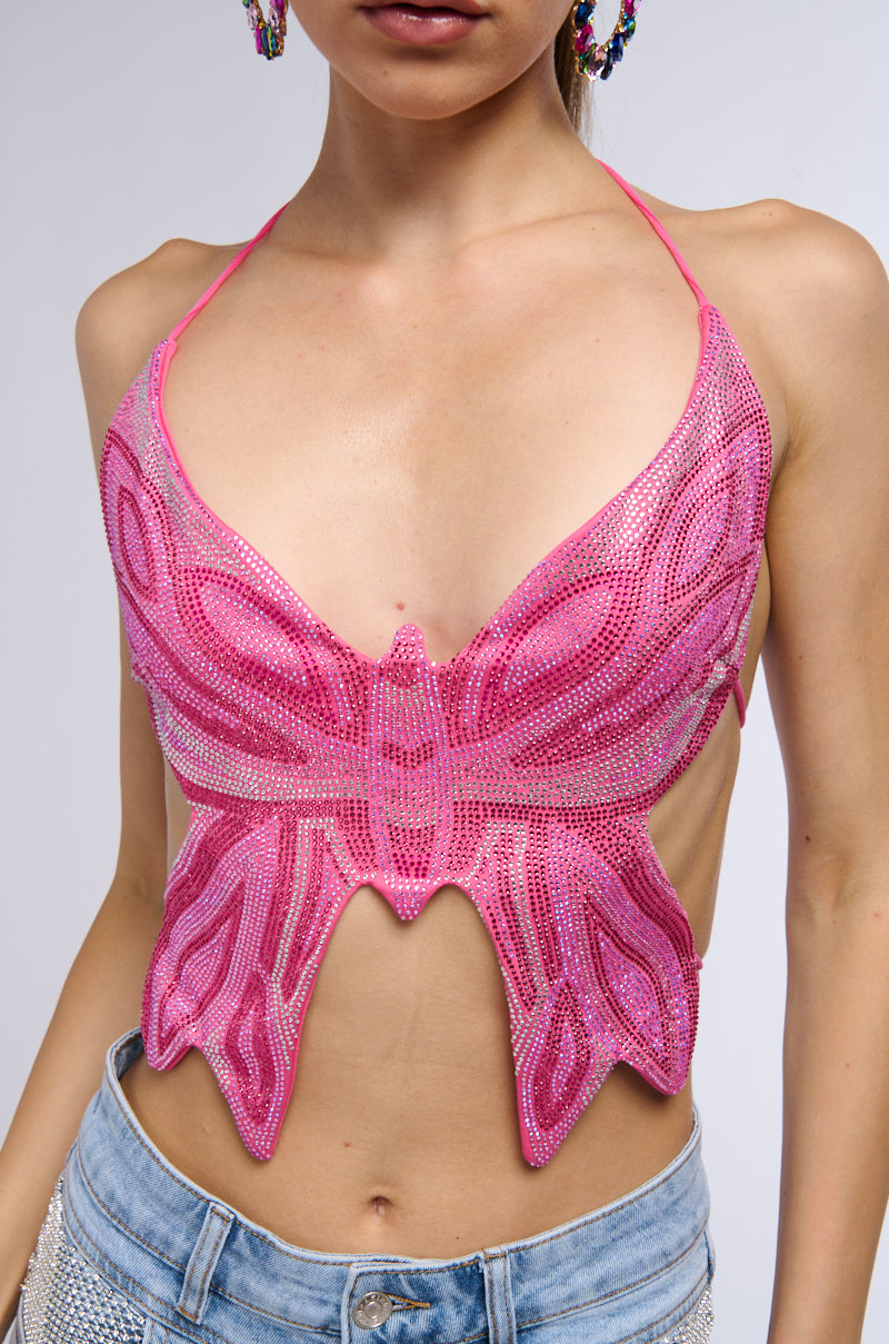 TIME TO FLY BUTTERFLY RHINESTONE TOP IN PINK MULTI