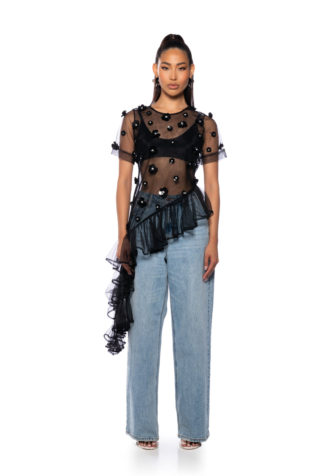 TOO GLAM EMBELLISHED ASYMMETRICAL TULLE TOP