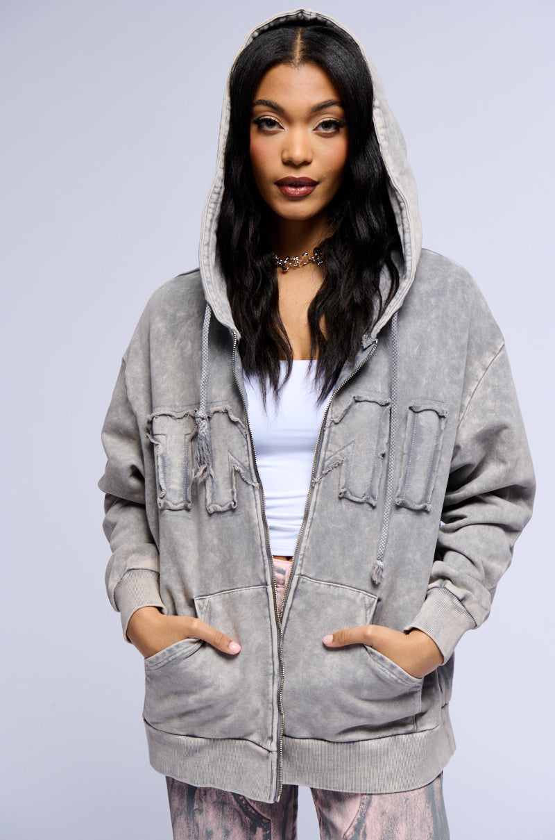 TOO MUCH INFORMATION ZIP UP MINERAL WASH SWEATSHIRT