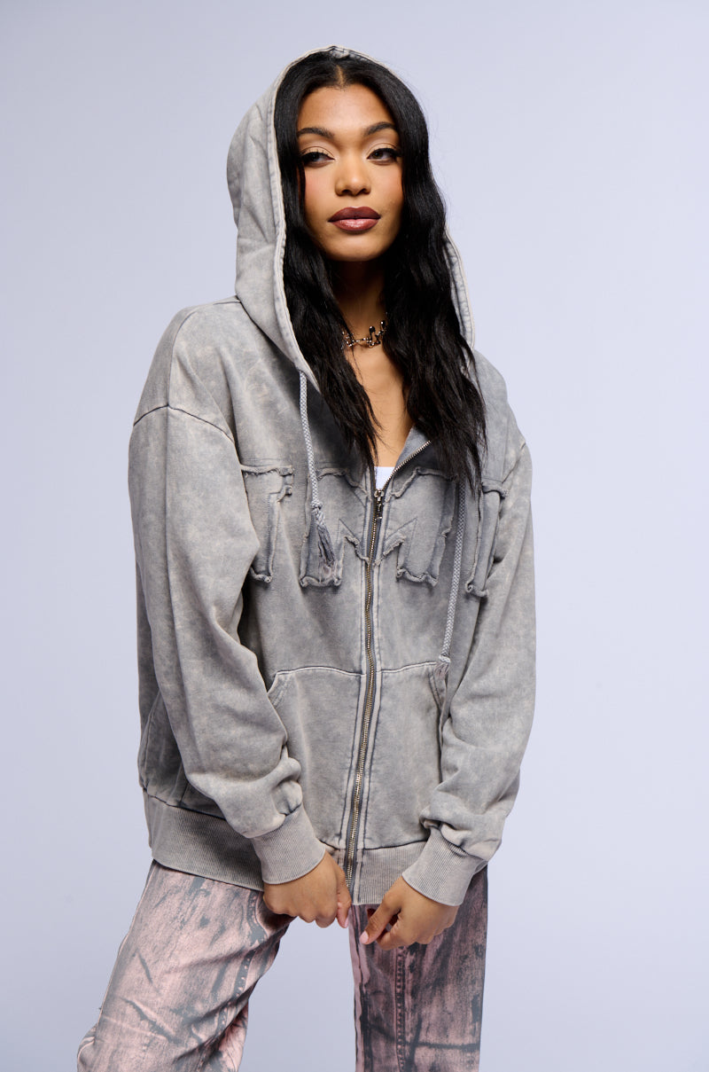 TOO MUCH INFORMATION ZIP UP MINERAL WASH SWEATSHIRT