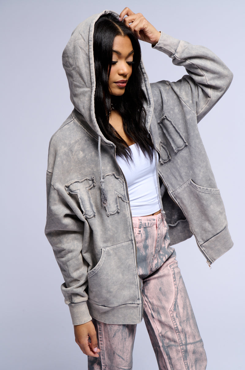 TOO MUCH INFORMATION ZIP UP MINERAL WASH SWEATSHIRT