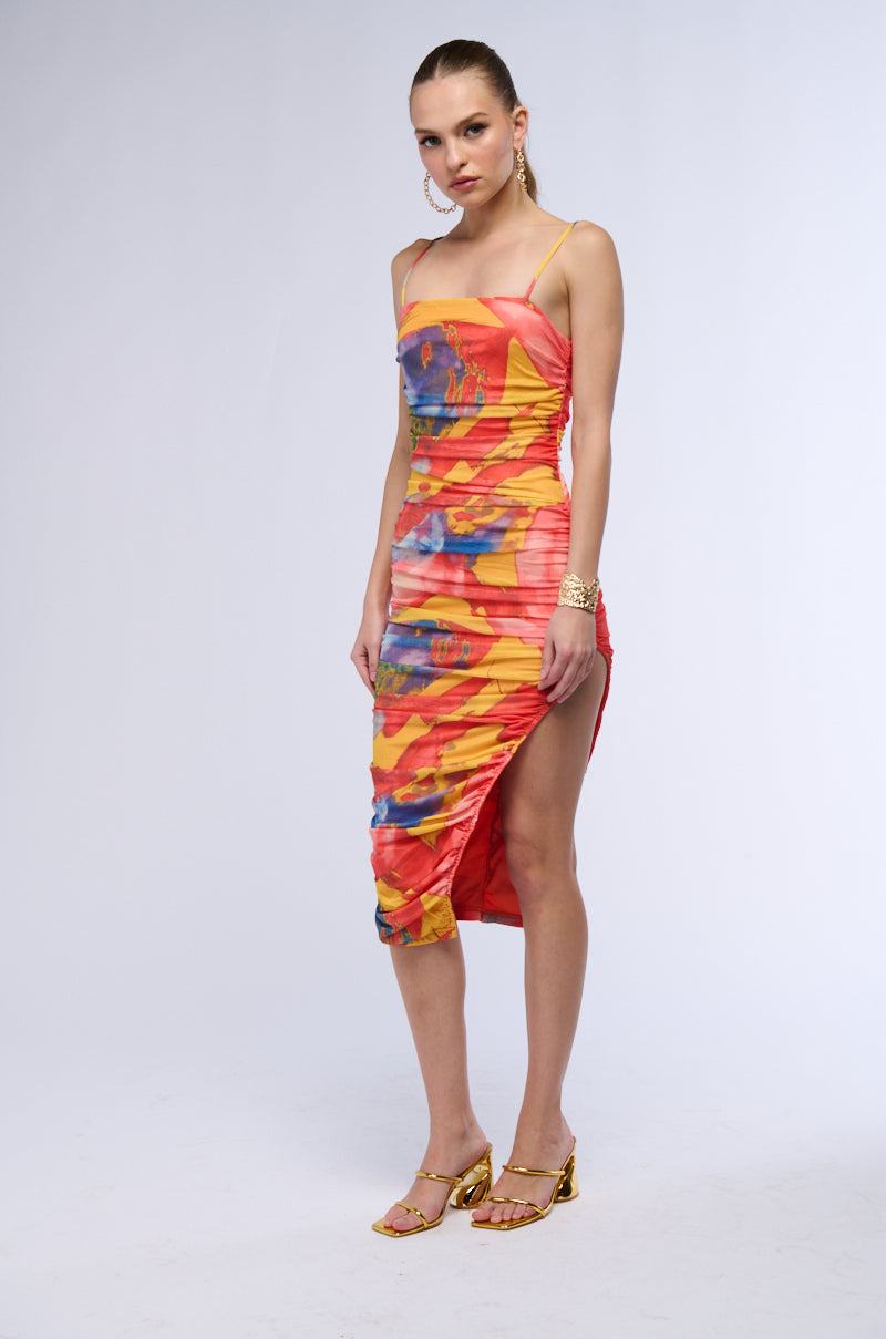 TUTTI FRUTTI RUCHED MIDI DRESS