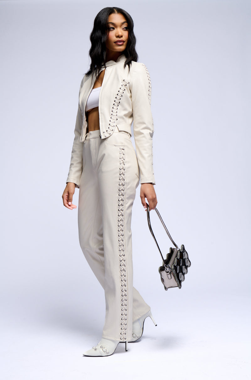 UNBELIEVABLE LACE UP FAUX LEATHER FLARED PANT