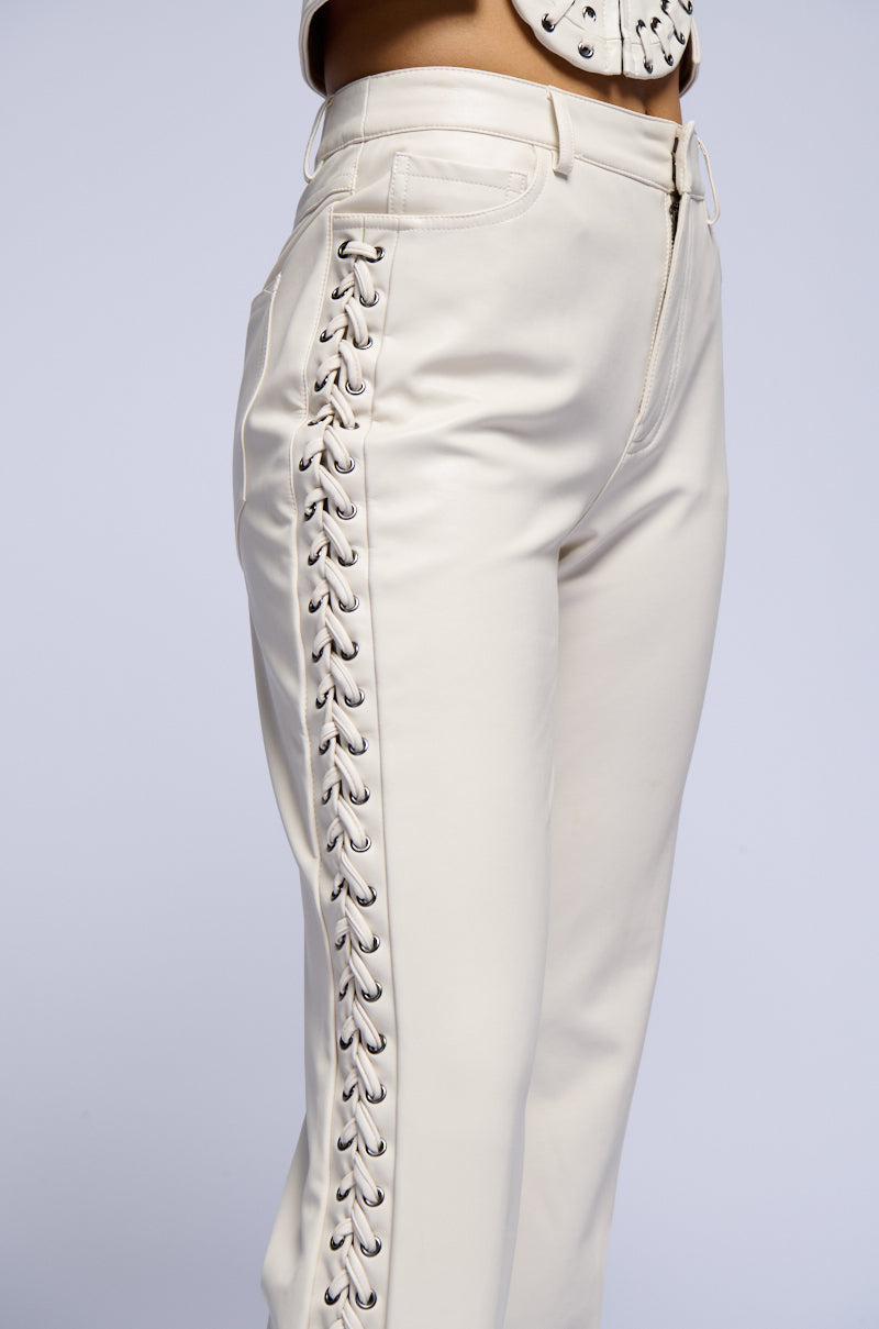 UNBELIEVABLE LACE UP FAUX LEATHER FLARED PANT