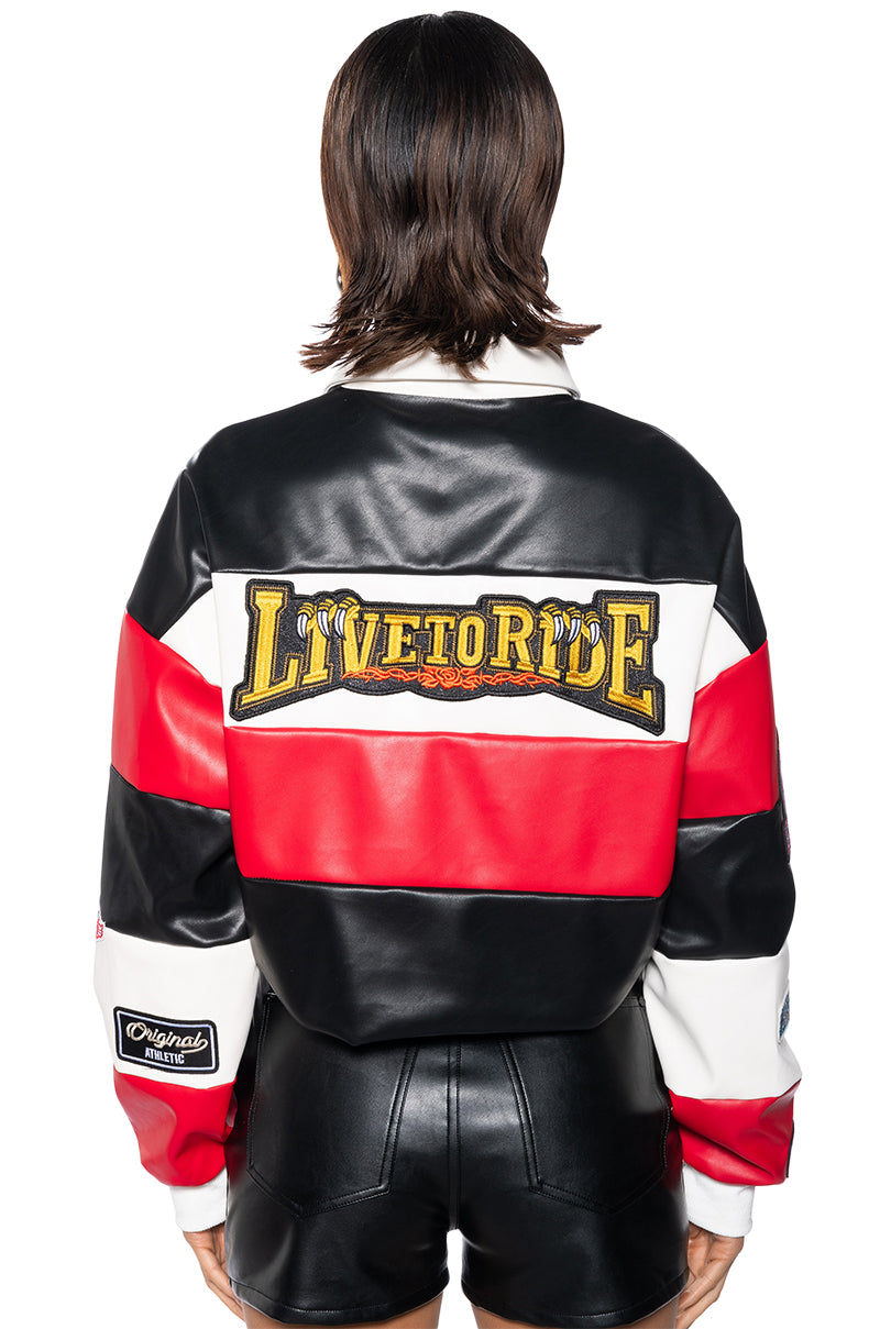 VARSITY LETTER FAUX LEATHER STRIPED PULL OVER