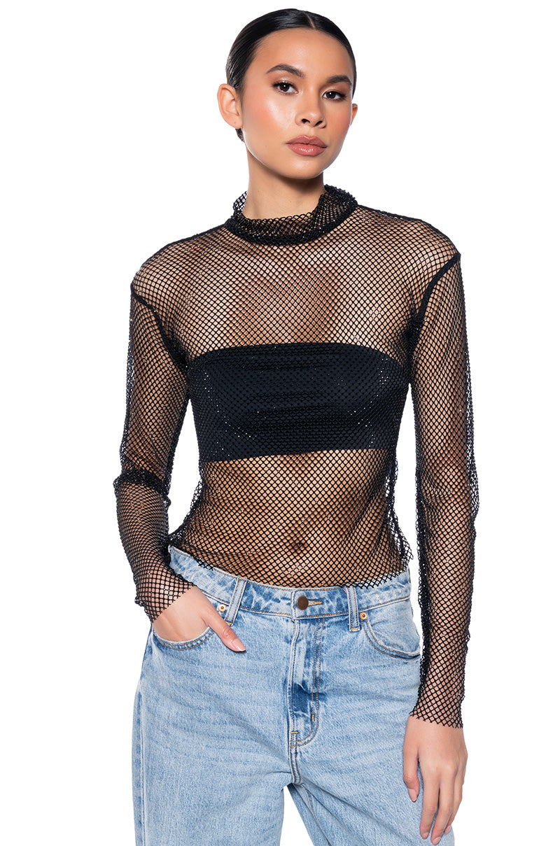 VEGA RHINESTONE MESH LONG SLEEVE TOP