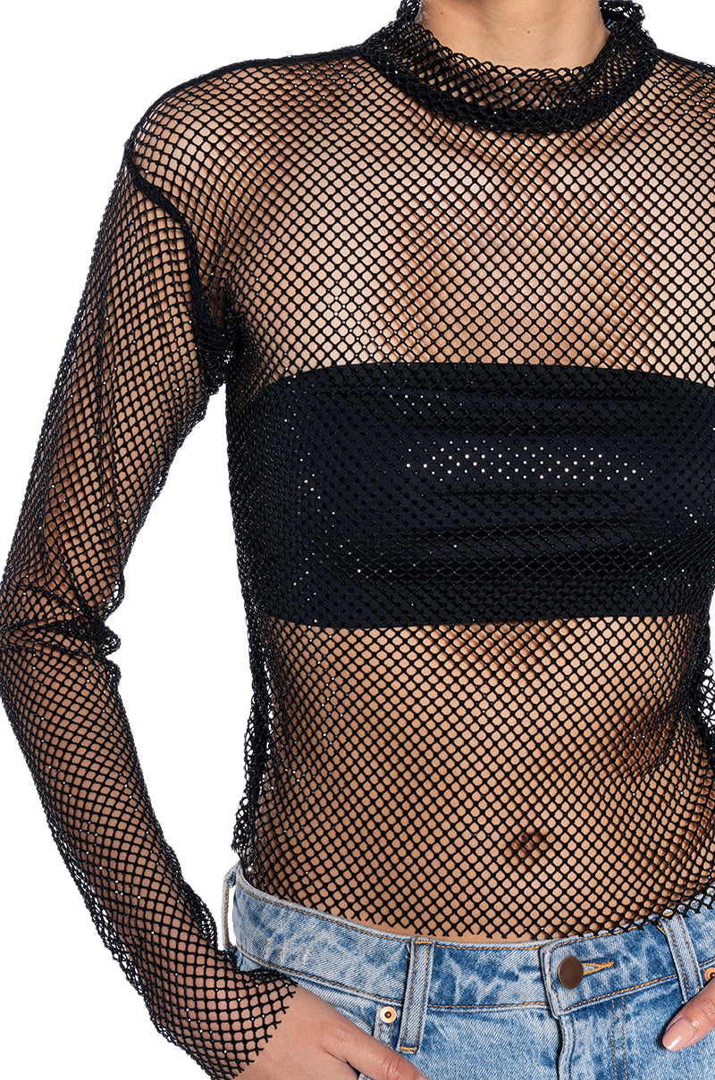 VEGA RHINESTONE MESH LONG SLEEVE TOP