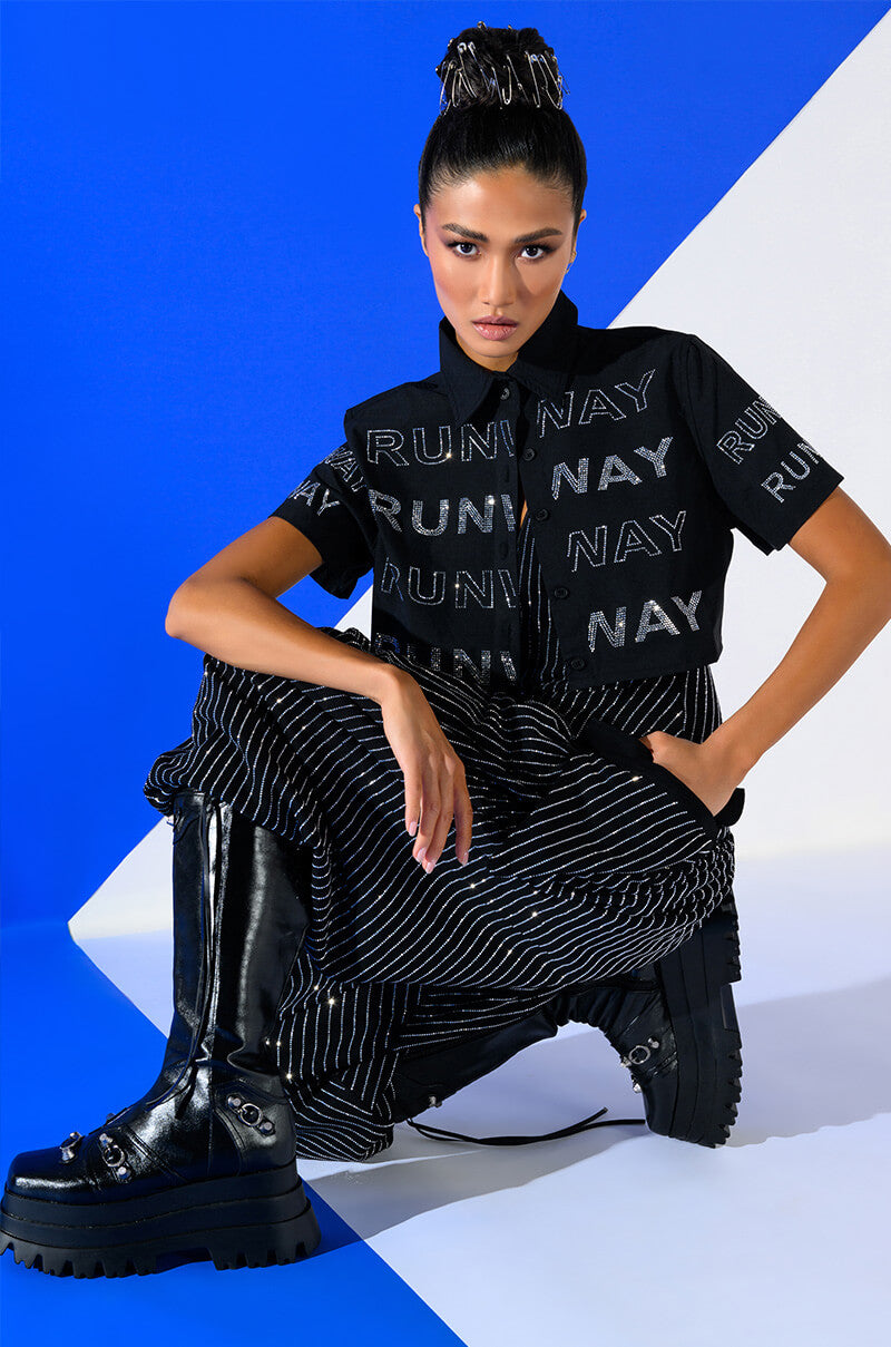 WALK THE WALK RHINESTONE CROPPED SHIRT