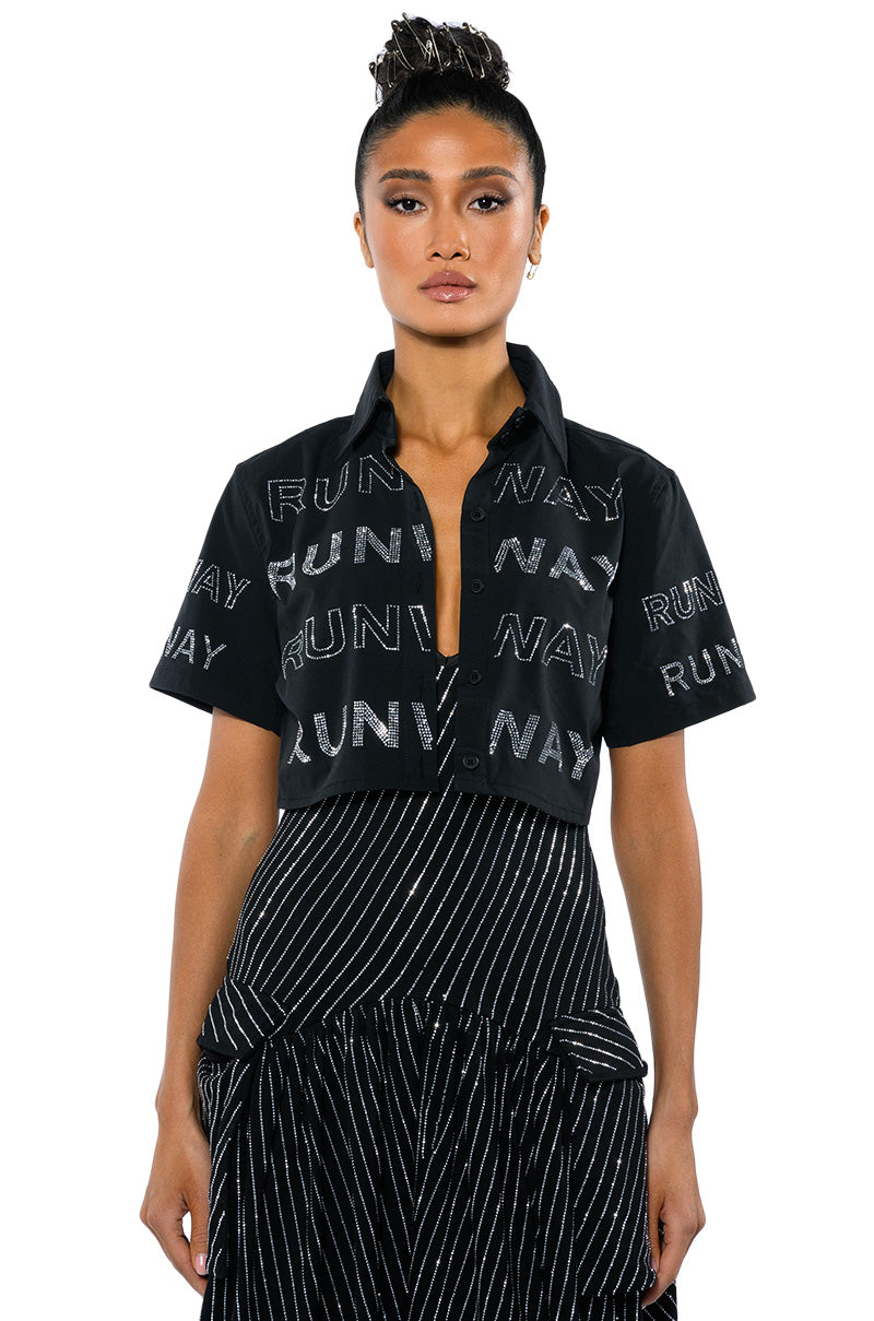 WALK THE WALK RHINESTONE CROPPED SHIRT