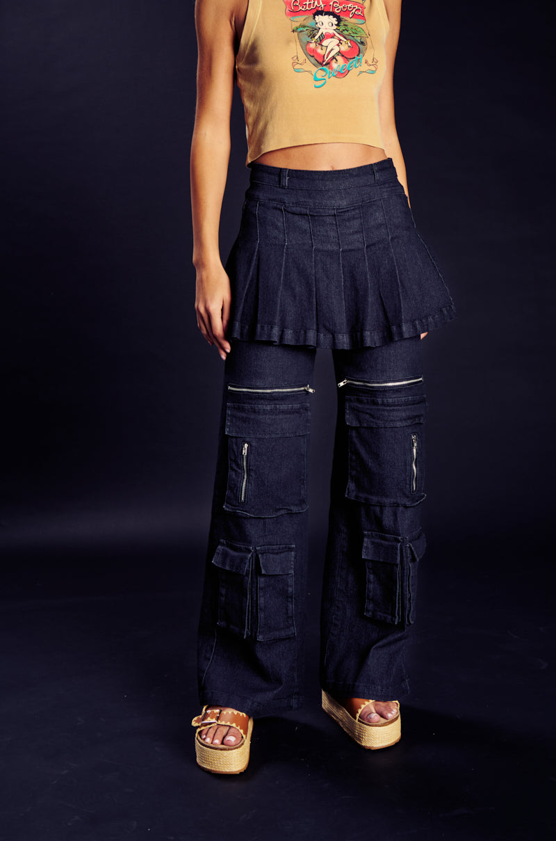 WANT U BACK WIDE LEG DENIM PANT WITH SKIRT