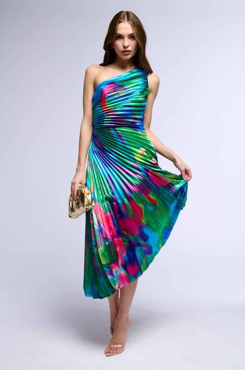 WATERCOLOR PLEATED SATIN MIDI DRESS