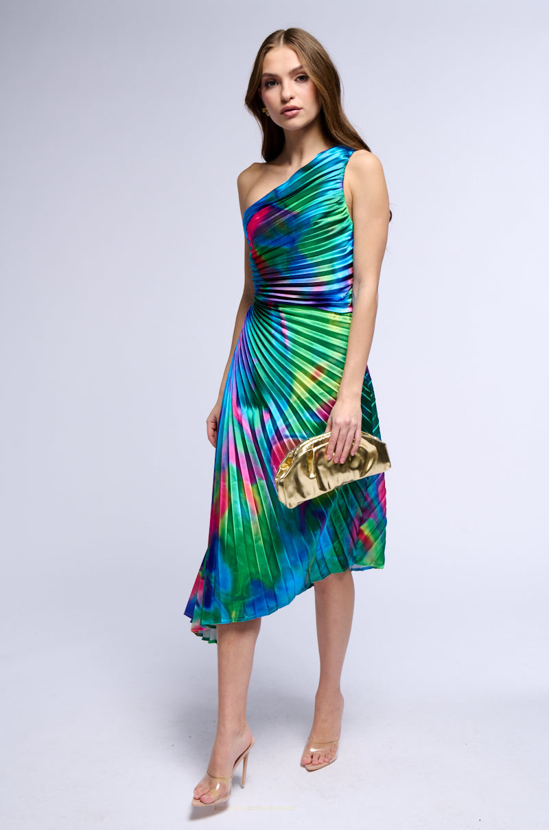 WATERCOLOR PLEATED SATIN MIDI DRESS