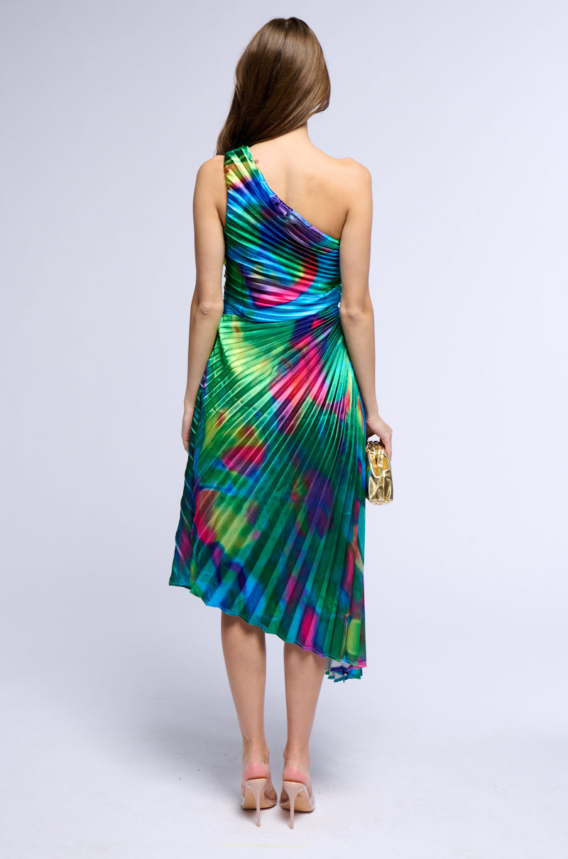 WATERCOLOR PLEATED SATIN MIDI DRESS