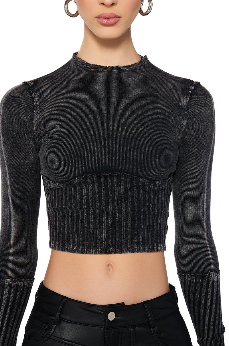 WILLOW CORSET LONG SLEEVE TEE IN BLACK