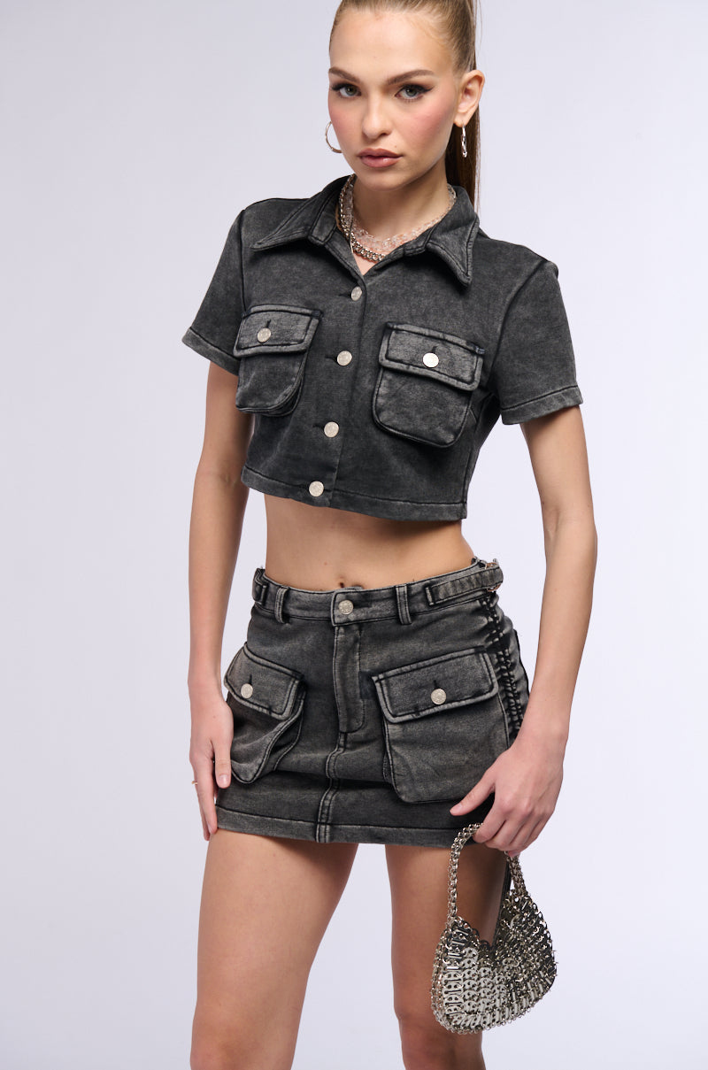 WORK FOR IT MINERAL WASHED MINI SKIRT IN GREY