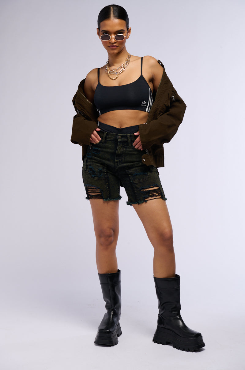 WORKIN GIRL DISTRESSED DENIM SHORTS