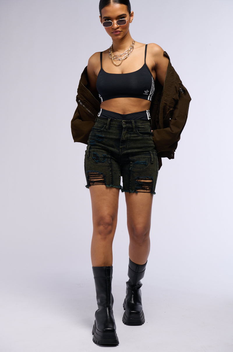 WORKIN GIRL DISTRESSED DENIM SHORTS