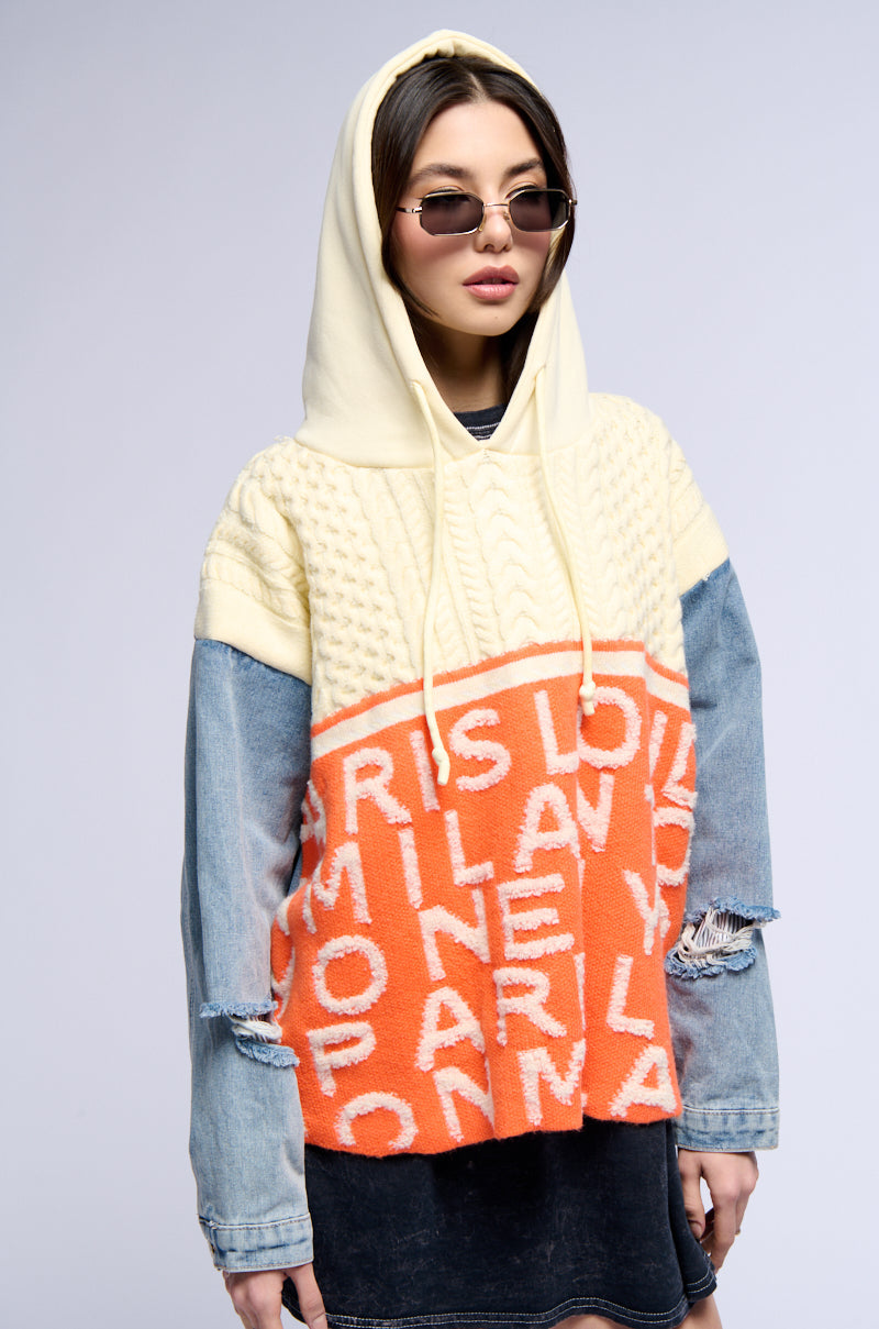 WORLD TRAVELER DENIM DETAIL SWEATER