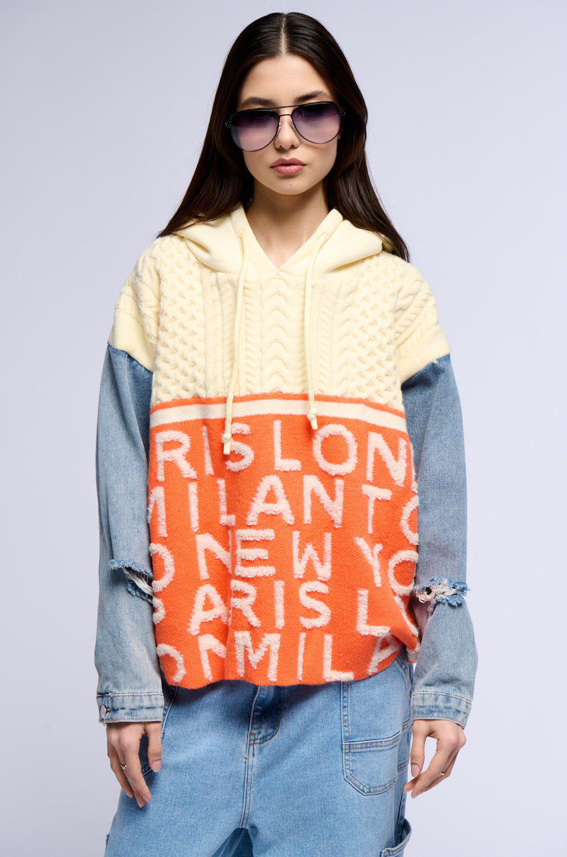 WORLD TRAVELER DENIM DETAIL SWEATER