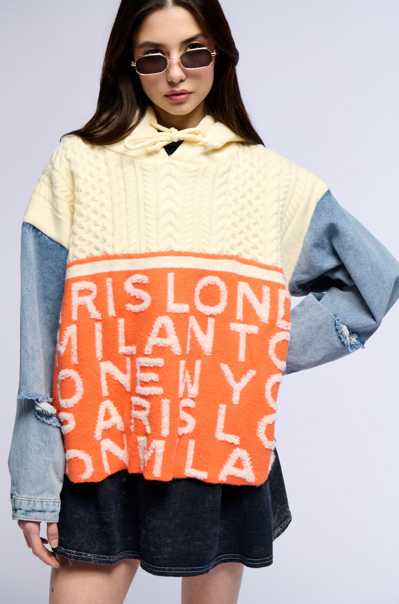 WORLD TRAVELER DENIM DETAIL SWEATER