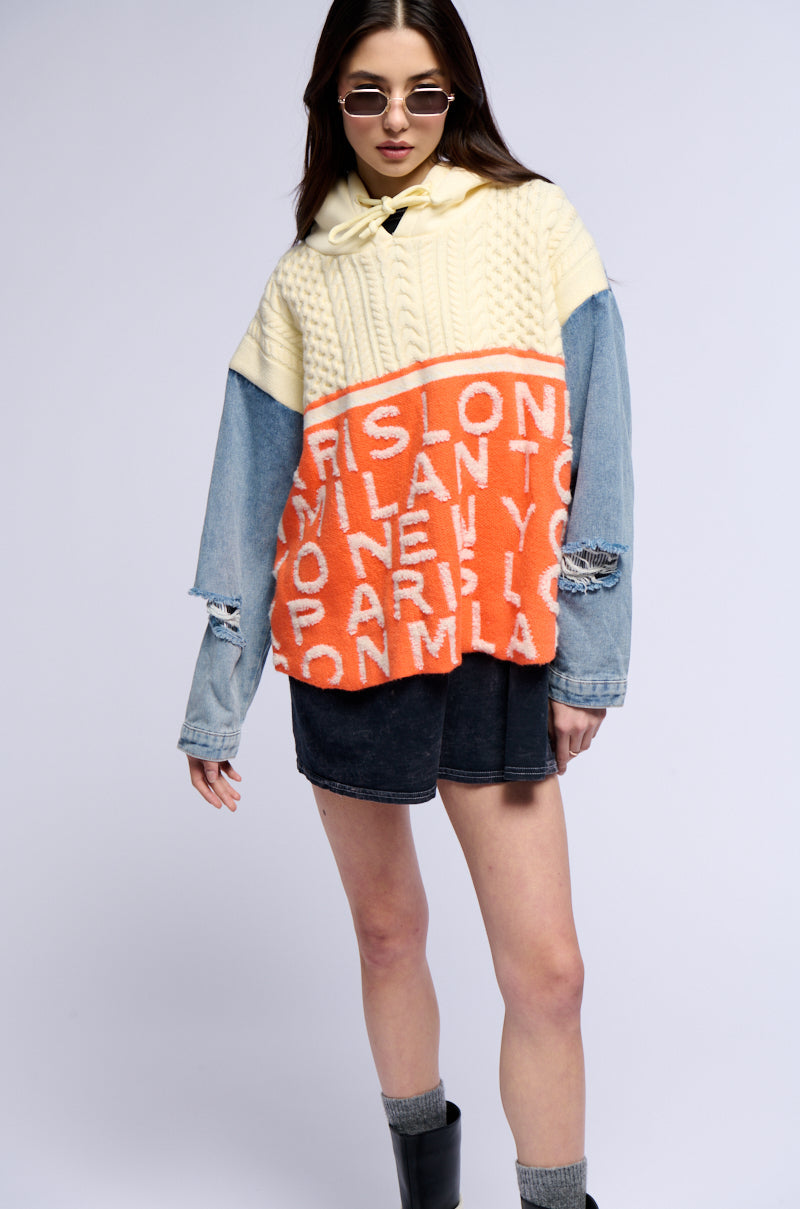 WORLD TRAVELER DENIM DETAIL SWEATER