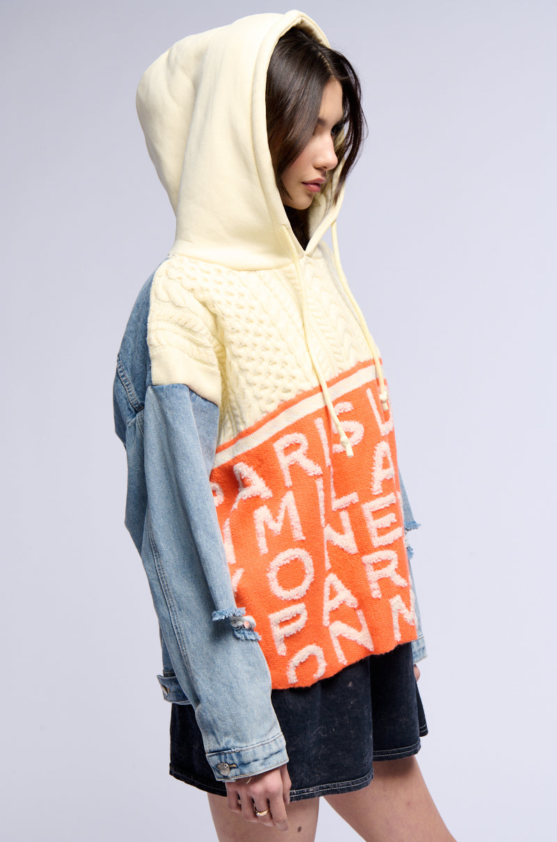 WORLD TRAVELER DENIM DETAIL SWEATER